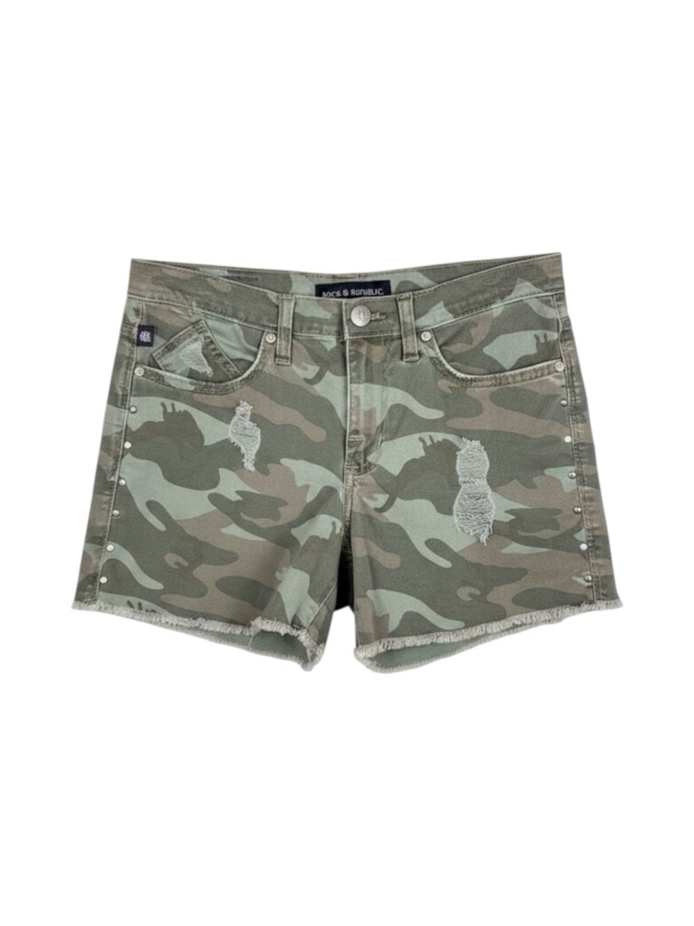 Rock & Republic Hula Camo Denim Shorts Studded Distressed Stretch Women’s 6 US